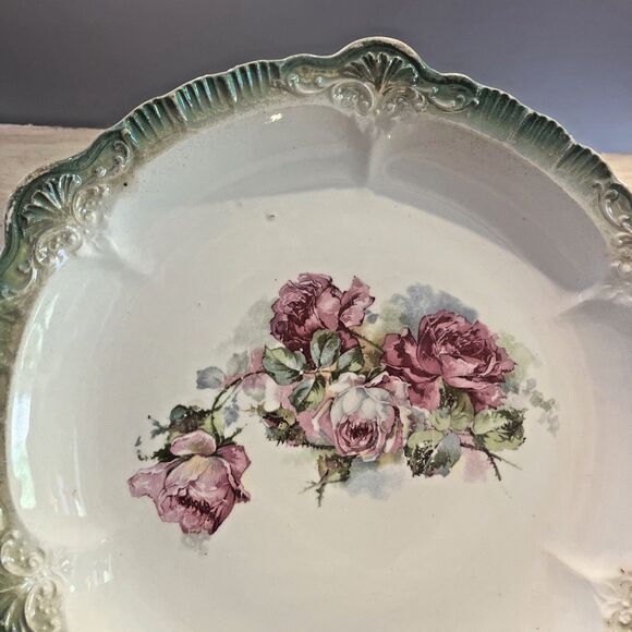 Antique Thomas Sevres Bavaria Plate green Pink Roses Hand Painted Porcelain - Picture 2 of 4